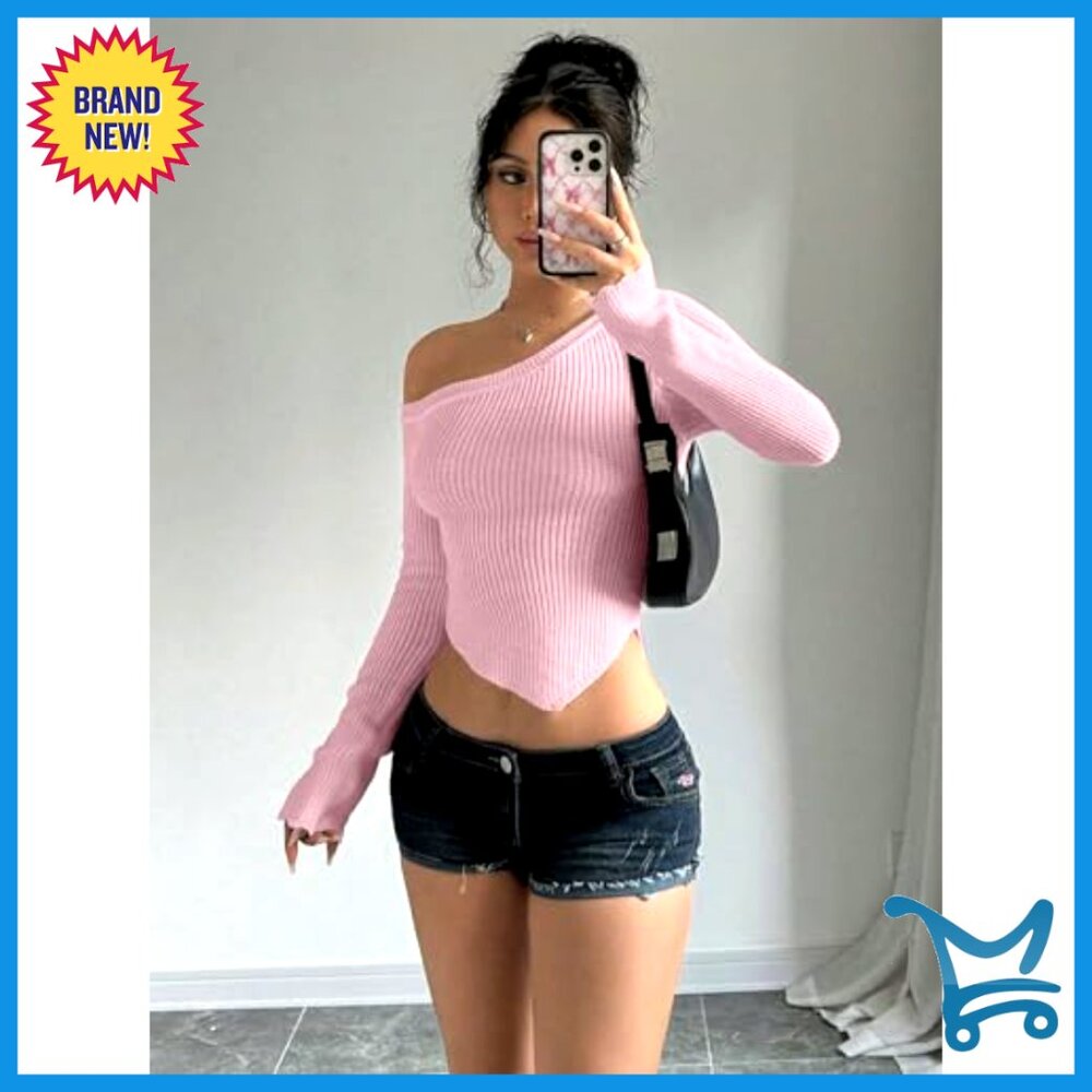 Off Shoulder Cropped Pullover Ribbed Knit Sweater… - image 4